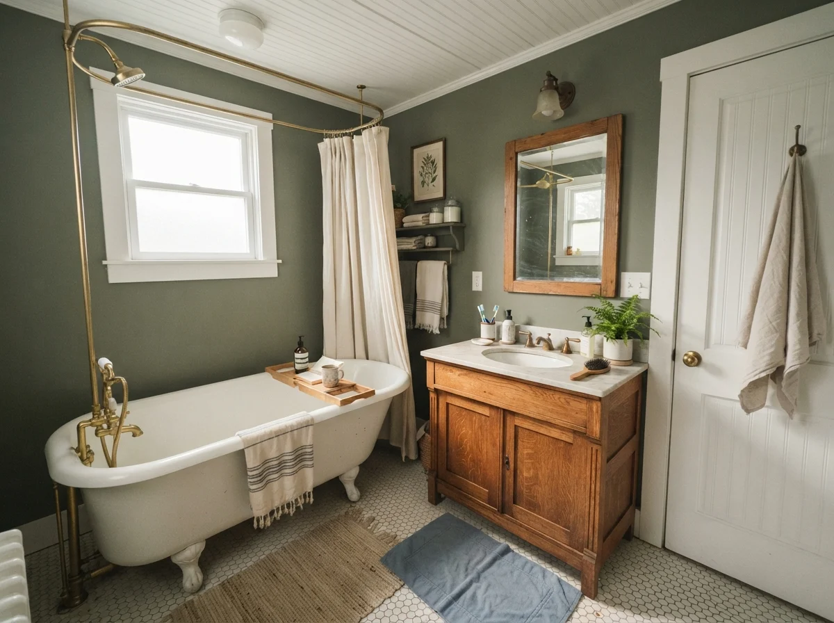 Cottage bathroom with white clawfoot tub, white hex tile floor, warm oak vanity, and painted green walls.