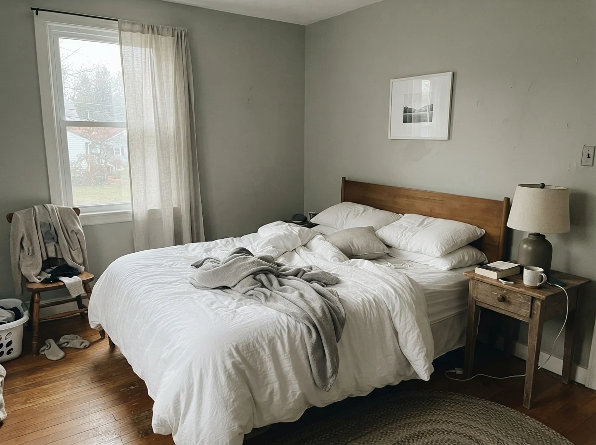 Simple bedroom with unmade white bedding, wood nightstand with lamp off, and painted walls in cool morning light.