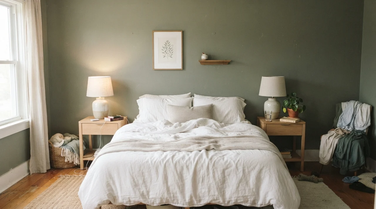 Serene bedroom with painted green walls, white linen bedding, pale oak nightstands, and ceramic lamps.