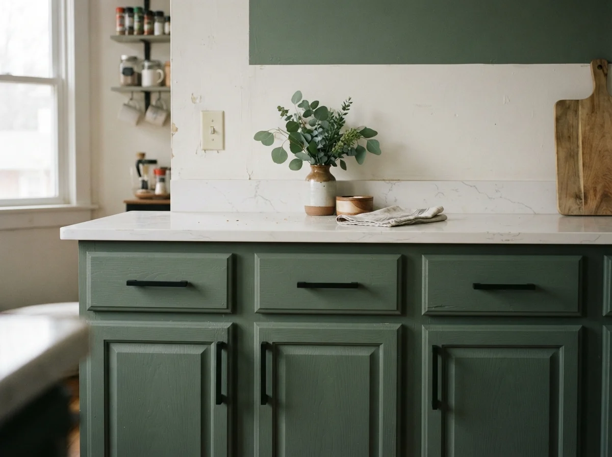Close-up of painted shaker cabinet fronts with matte black handles, white quartz counter, and eucalyptus vase.