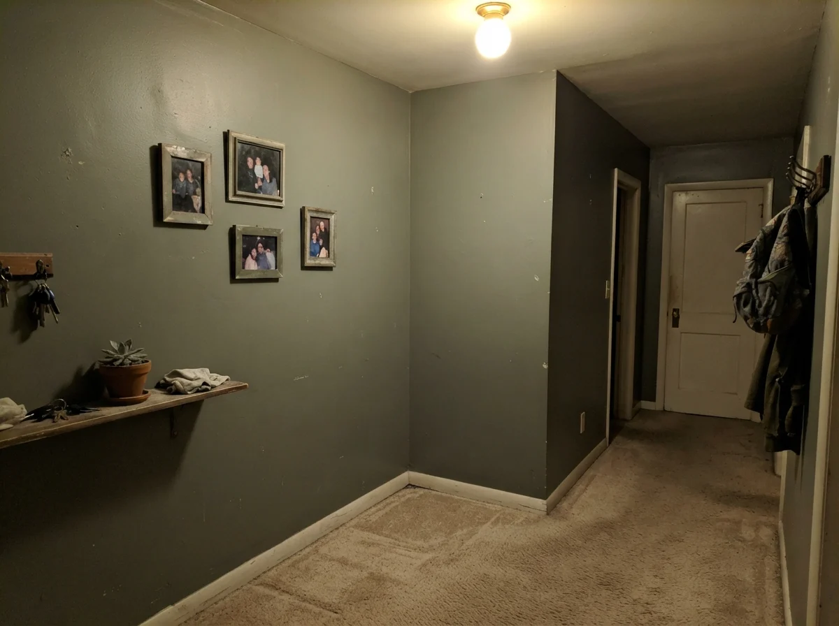 Windowless hallway corner with painted wall reading flat and muddy under a single ceiling bulb with beige carpet.