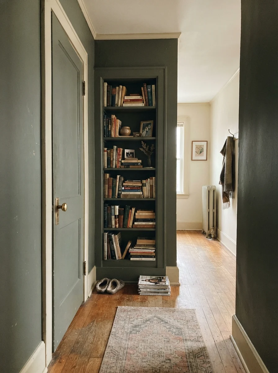 Hallway with painted interior door and built-in bookshelf against cream walls, with brass knob and stacked books.