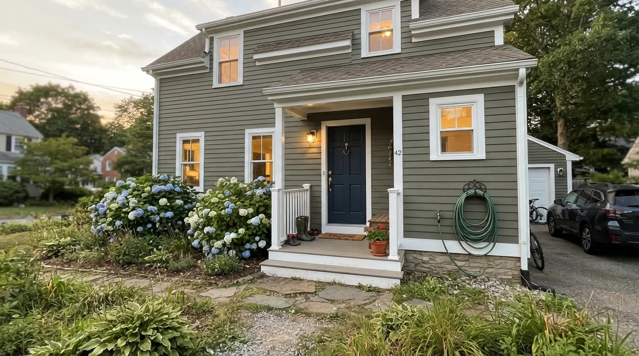 House exterior with horizontal siding painted dark green, white trim, dark navy door, and small porch with hydrangeas.