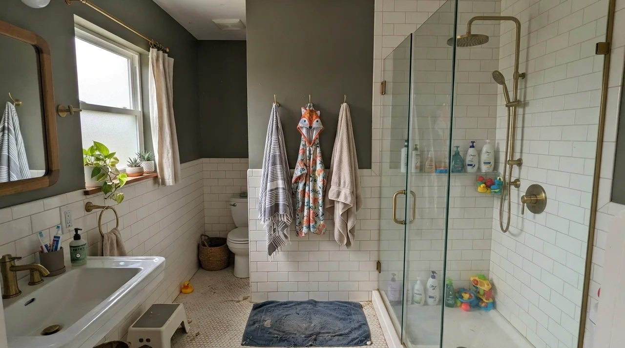 Family bathroom with painted upper walls above white subway tile wainscot, brass shower fixtures, glass shower door, towels on hooks, and a bath mat.