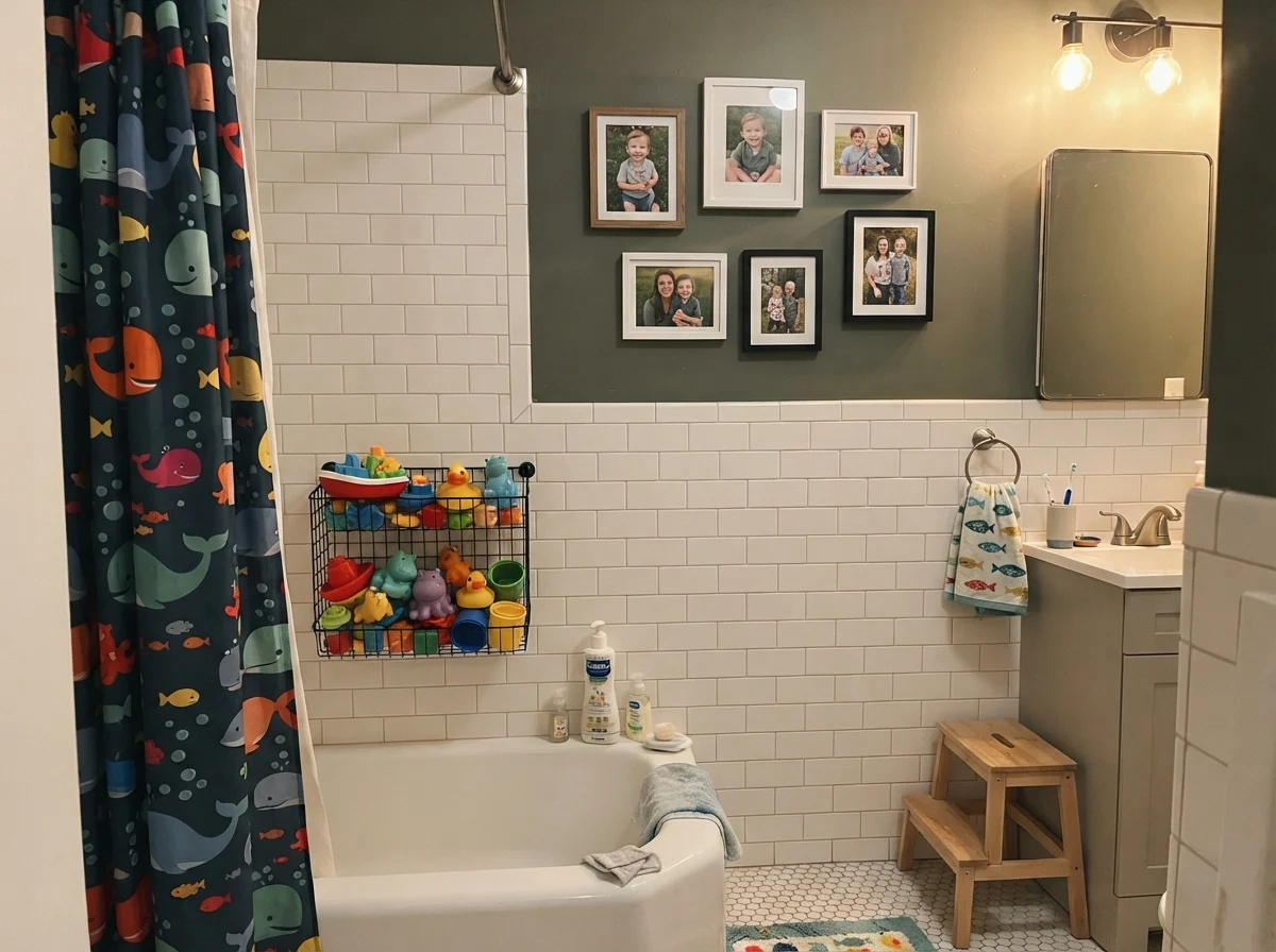 Kids' bathroom with painted walls over white subway tile, shower curtain, wire basket with toys, and family photos.