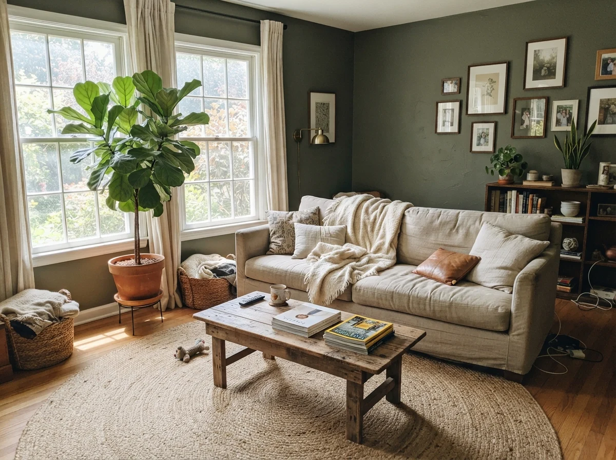 Living room with painted walls in bright sun, linen sofa with throw, wood coffee table, and large potted plant.