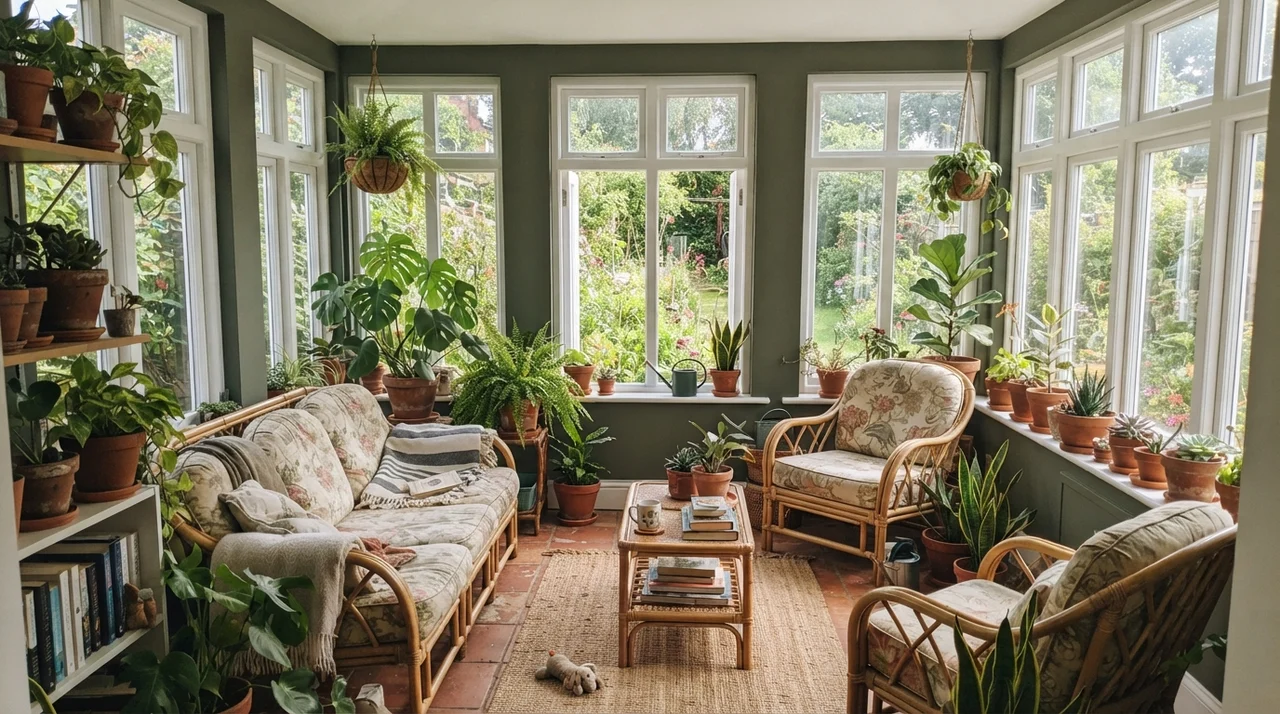 Sunroom with painted walls between white-framed windows, rattan furniture, and terracotta potted plants.