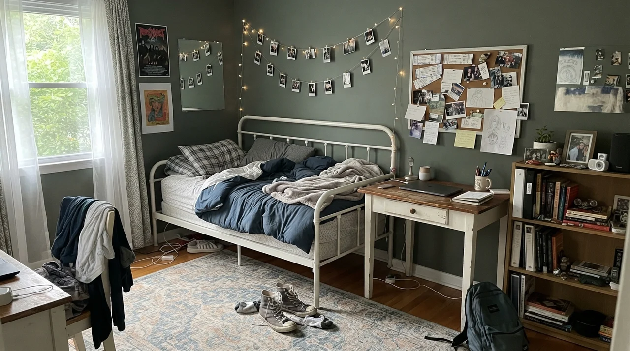 Teenager's bedroom with painted walls, white metal bed frame, small white desk, and open book shelves.