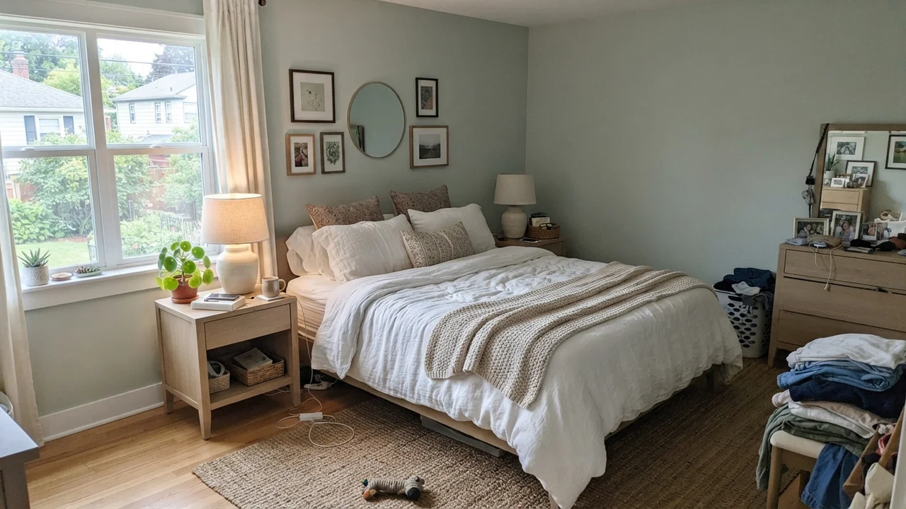 Main bedroom with painted walls, white linen bedding, and pale oak nightstands.