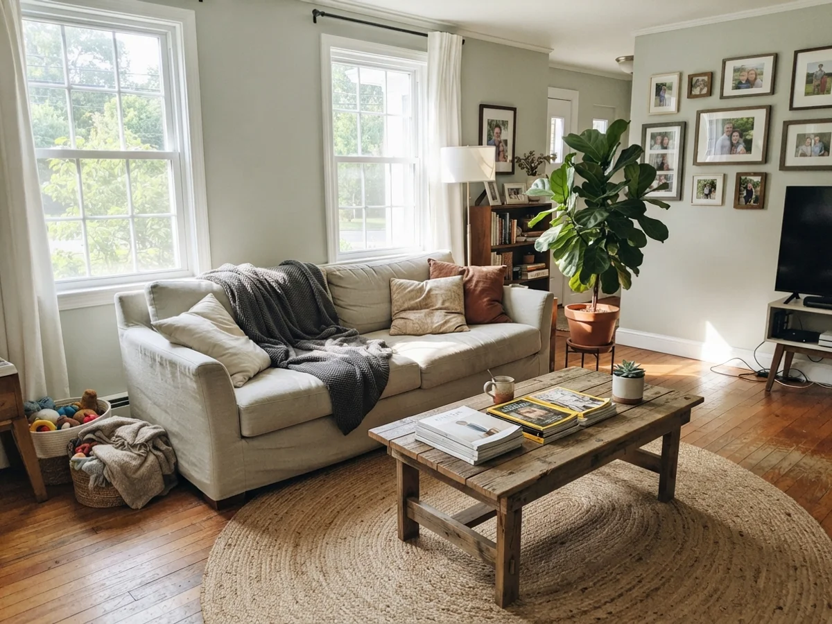 Bright living room with painted walls, linen sofa, and jute rug.