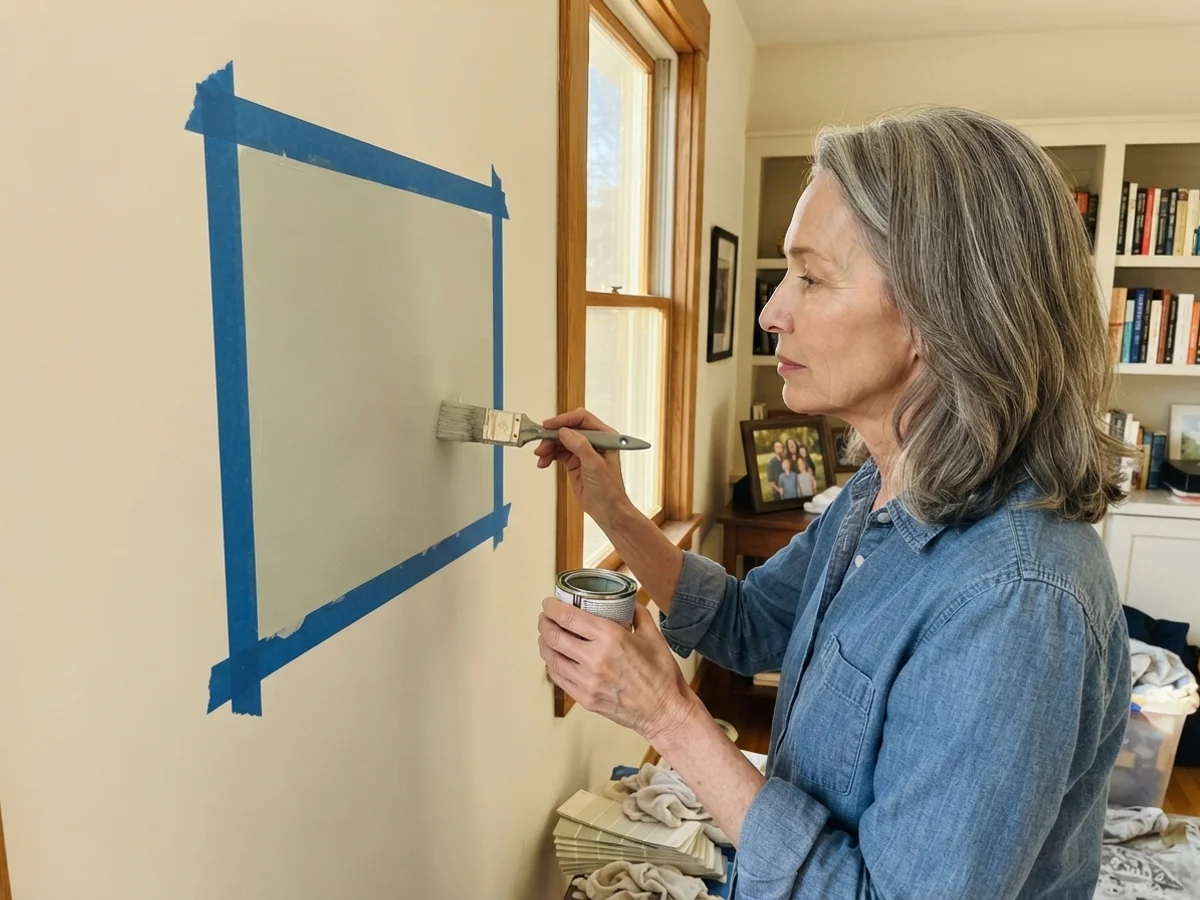 Susan Hartley brushing a square Sea Salt paint sample onto a cream wall