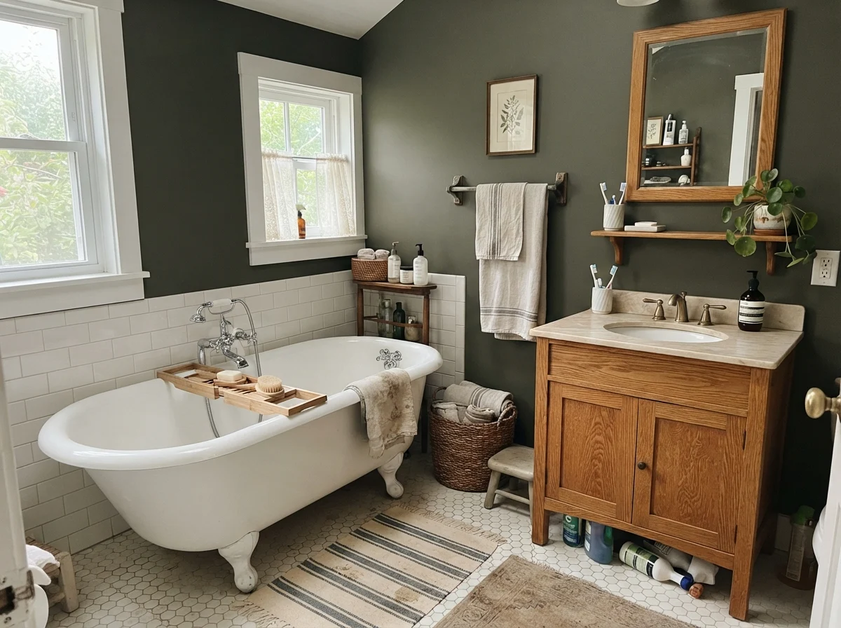 Cottage bathroom featuring a white clawfoot tub and deep green-black painted walls.