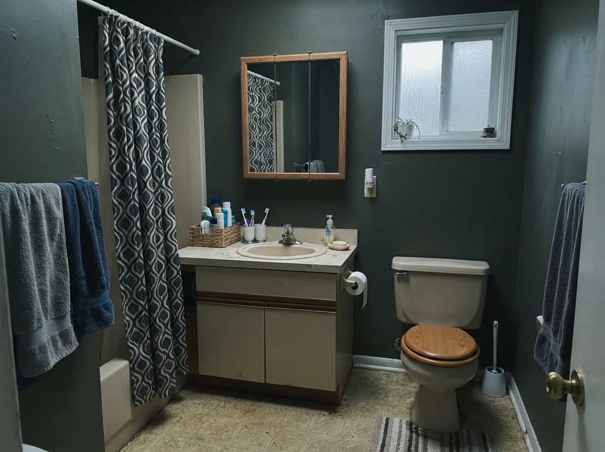 Dated bathroom showing Shade-Grown taking on a cold, muted cast next to an older beige vanity.