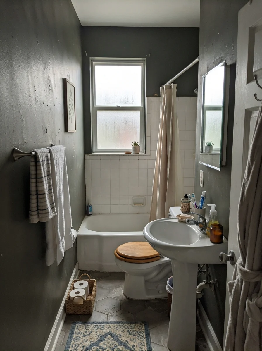 Small bathroom with dark walls looking muted and grayish on an overcast afternoon.