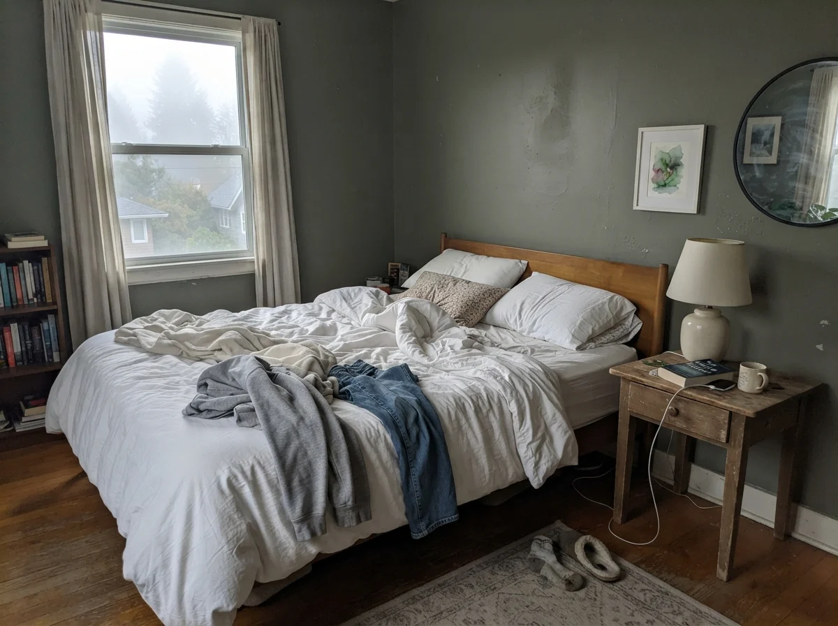 Bedroom with unmade white bedding and dark painted walls washed out in early morning light.