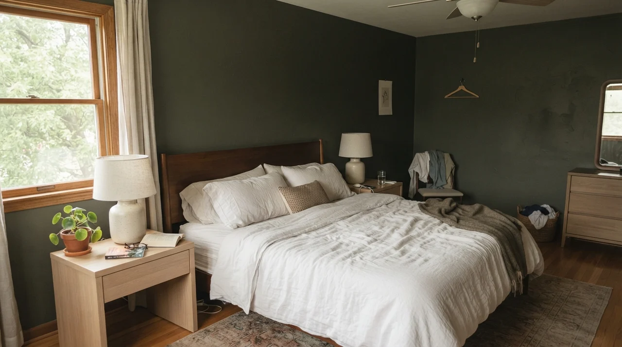 Main bedroom with deep woodland green walls, pale oak furniture, and clean white linen.