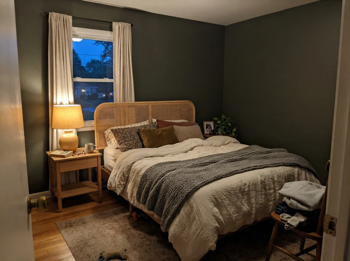 Bedroom at dusk with a warm table lamp glowing against a dark green accent wall.