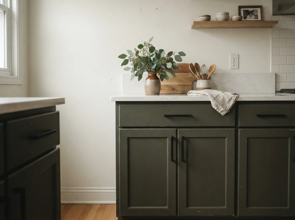 Close-up of shaker cabinets painted in Shade-Grown with matte black hardware and white quartz.