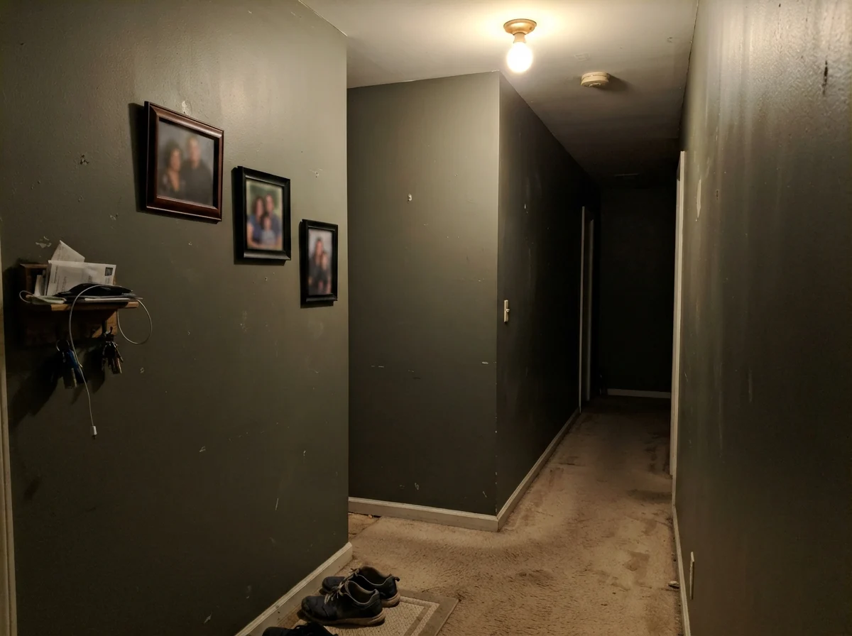 Dim windowless hallway corner where Shade-Grown looks muddy, dark, and flat above beige carpeting.