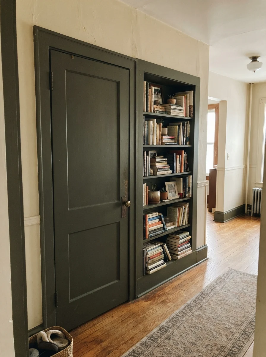 Hallway door and built-in bookshelf painted dark green against cream walls with brass hardware.