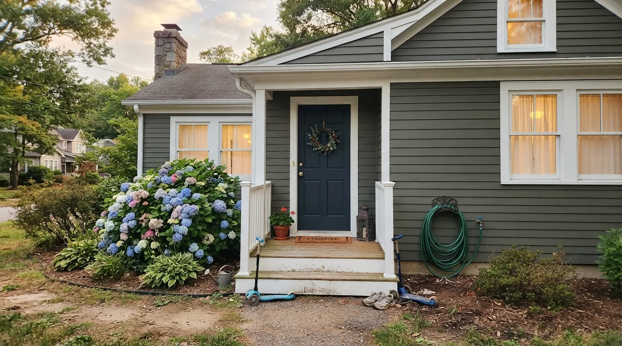 Exterior horizontal siding in Shade-Grown with white trim and a small front porch in evening light.