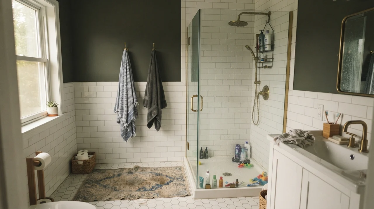 Family bathroom with Shade-Grown painted walls above white subway tile wainscot with brass fixtures.