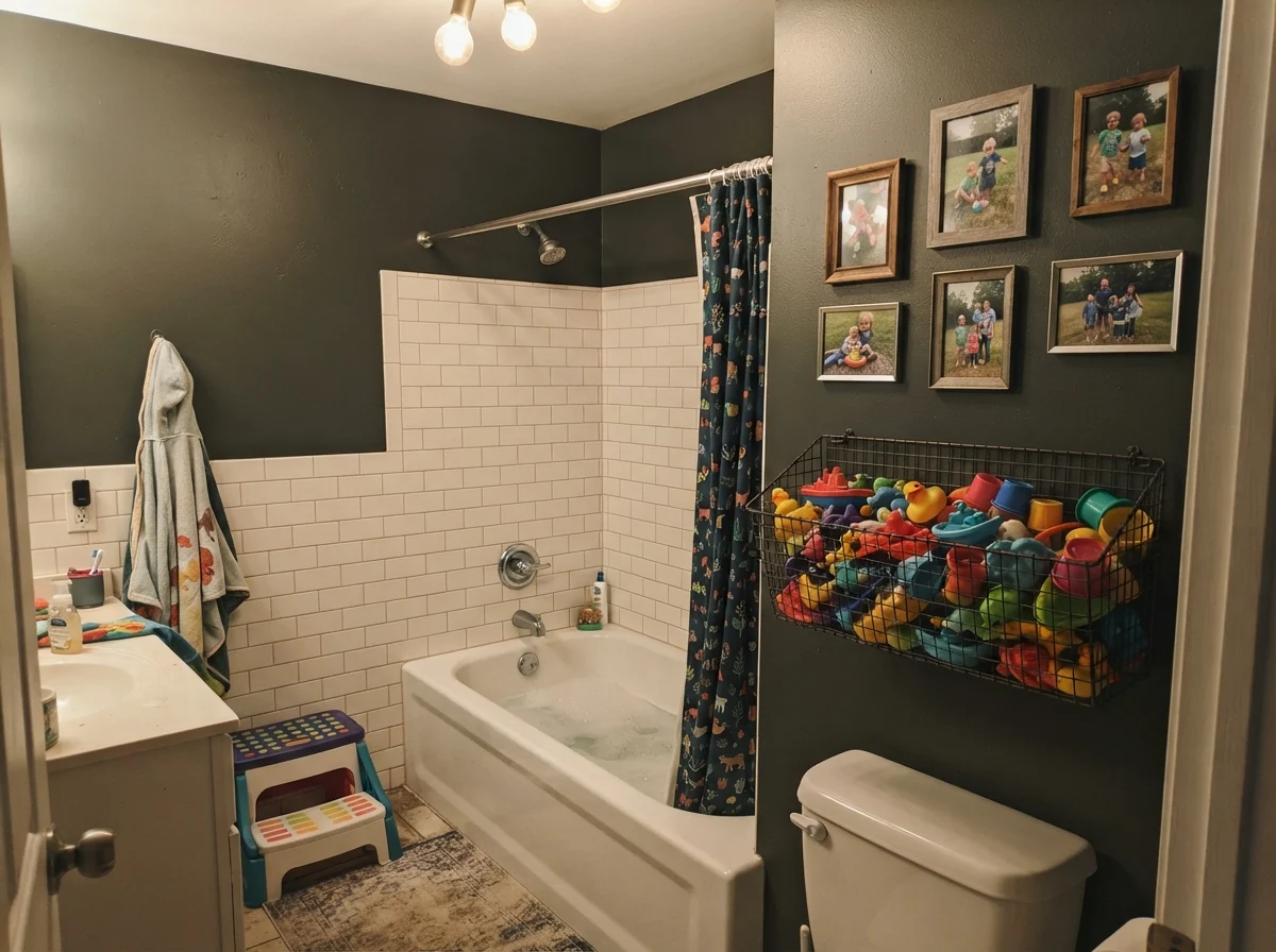 Kids' bathroom with dark green upper walls above white wainscoting and colorful bath toys.