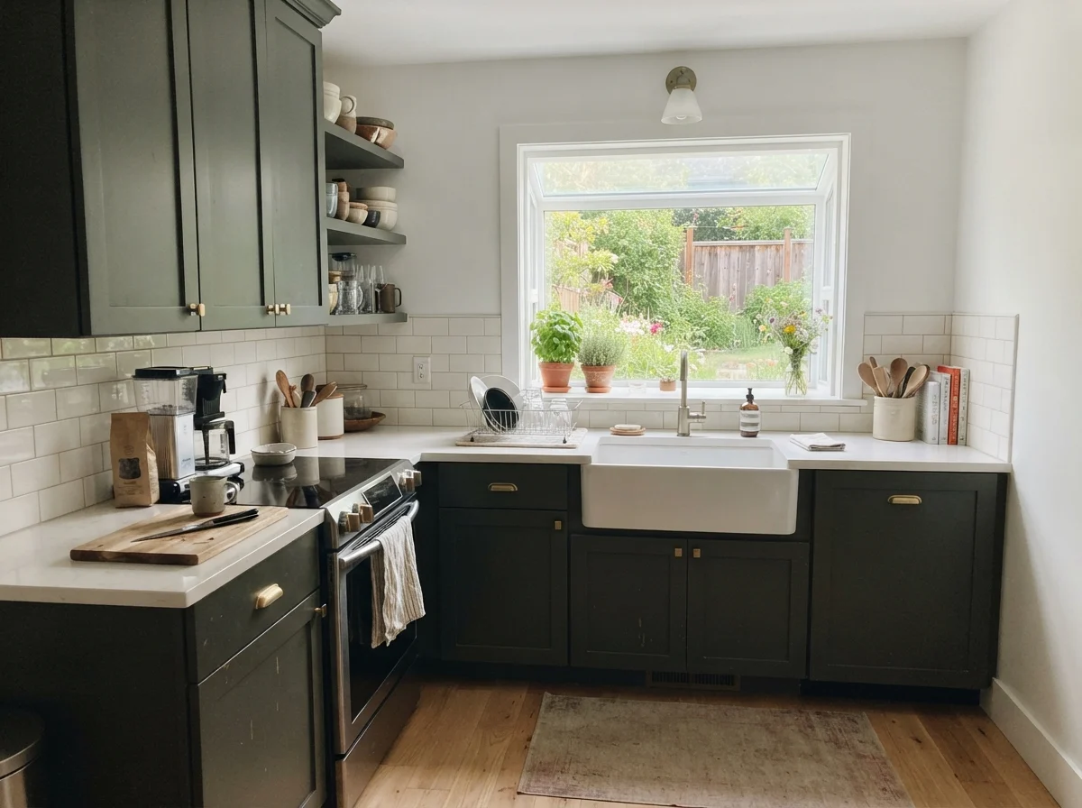 Full shaker kitchen cabinetry painted deep near-black green with white tile and light oak floors.