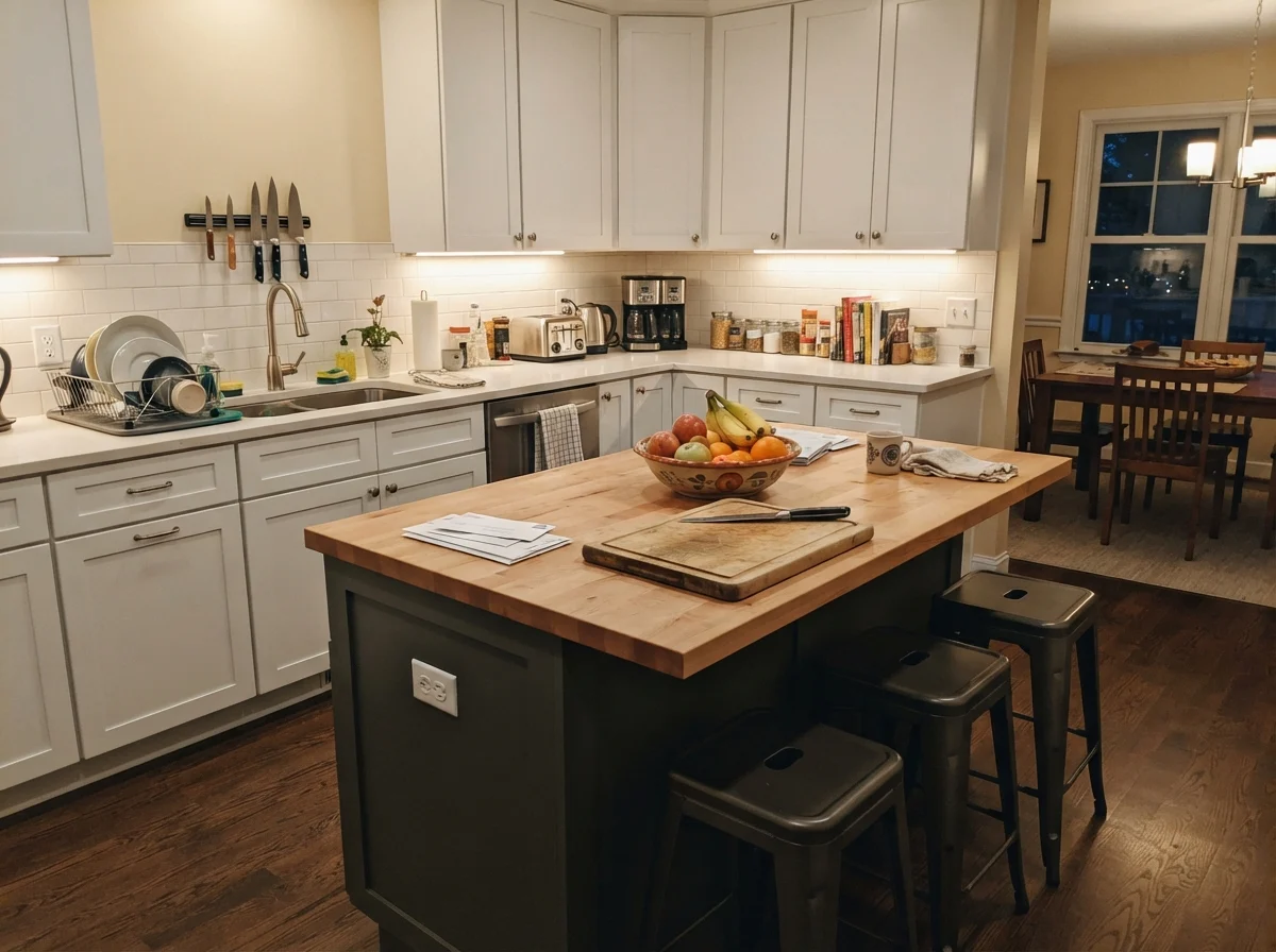 Kitchen island painted deep woodland green surrounded by white cabinetry and cream walls.