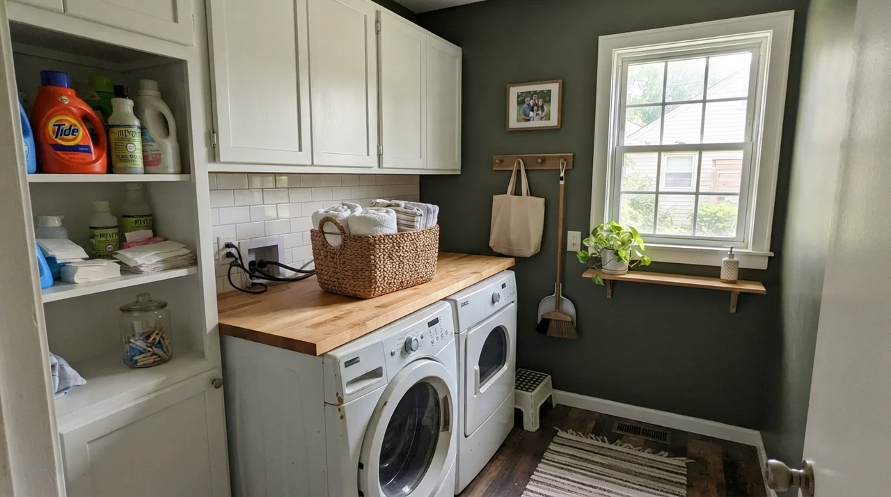 Bright laundry room with deep woodland green walls, butcher-block counters, and white appliances.