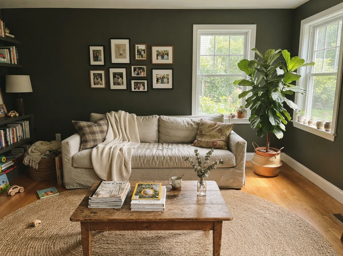 Living room bathed in midday sunlight showing rich olive undertones in the dark green paint.