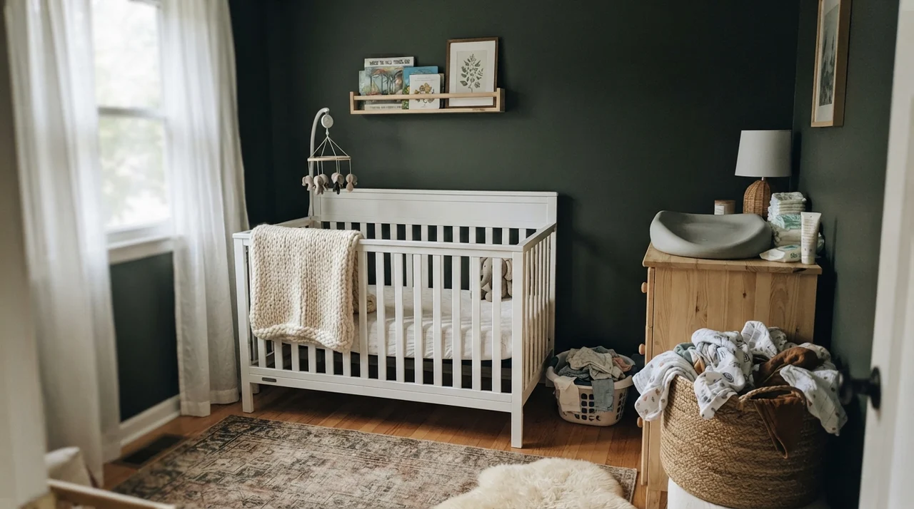 Nursery with dark green painted walls, a white crib, and light wood furniture under soft light.