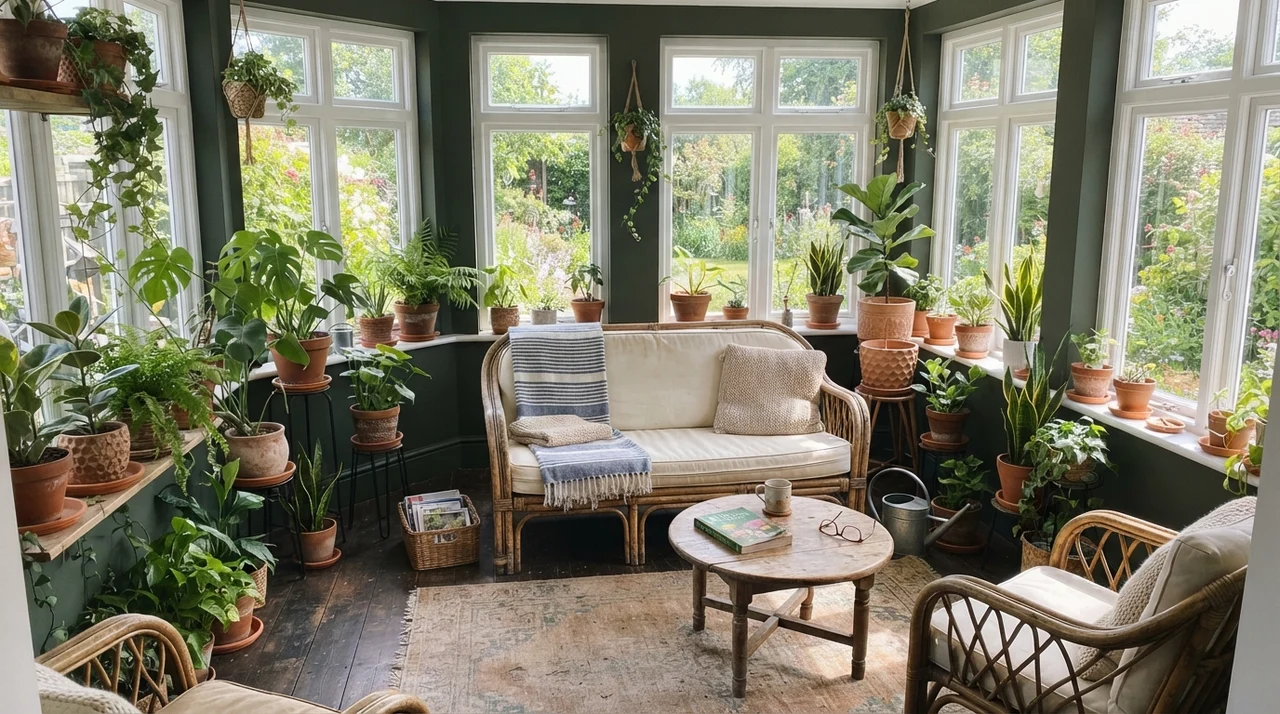 Sunroom with dark painted walls between abundant white windows and potted greenery.