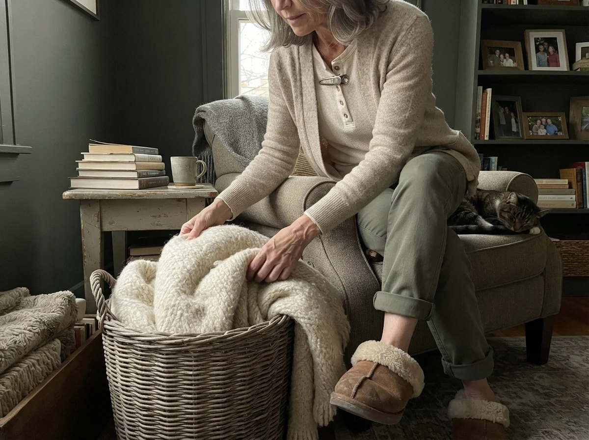 Susan Hartley picking a throw blanket from a basket in a room painted deep woodland green.