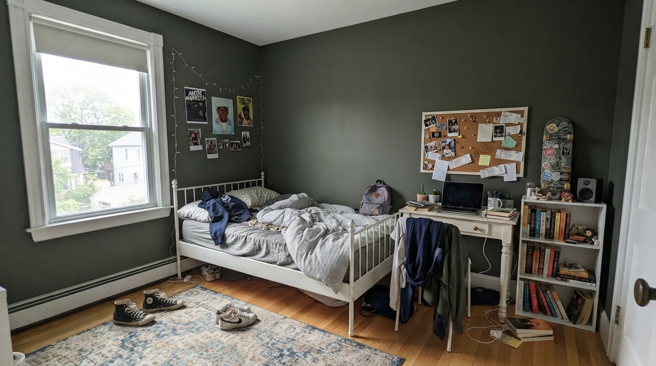 Teenager's bedroom with dark green walls, white metal bed frame, and a study desk.