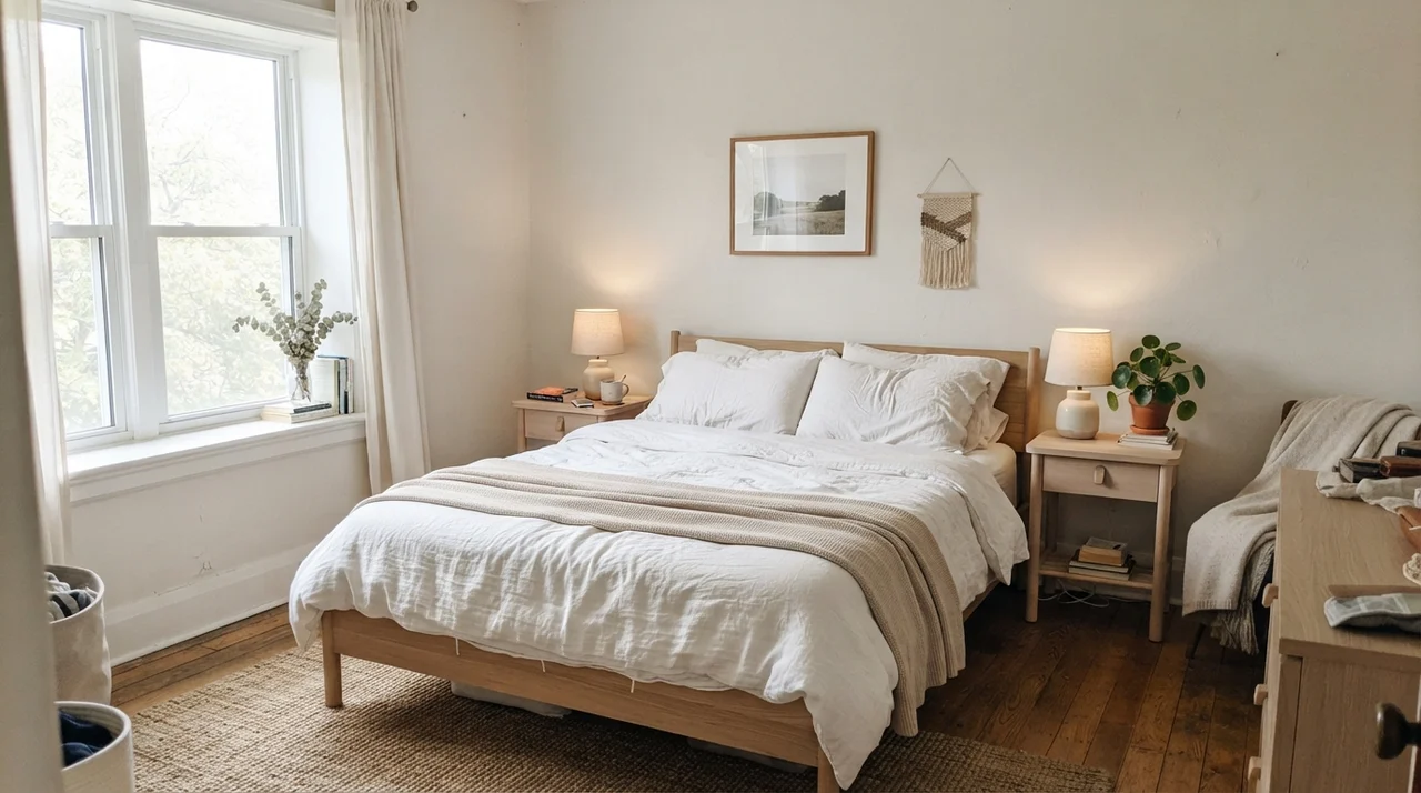 Main bedroom with painted walls, linen bedding, and pale oak nightstands