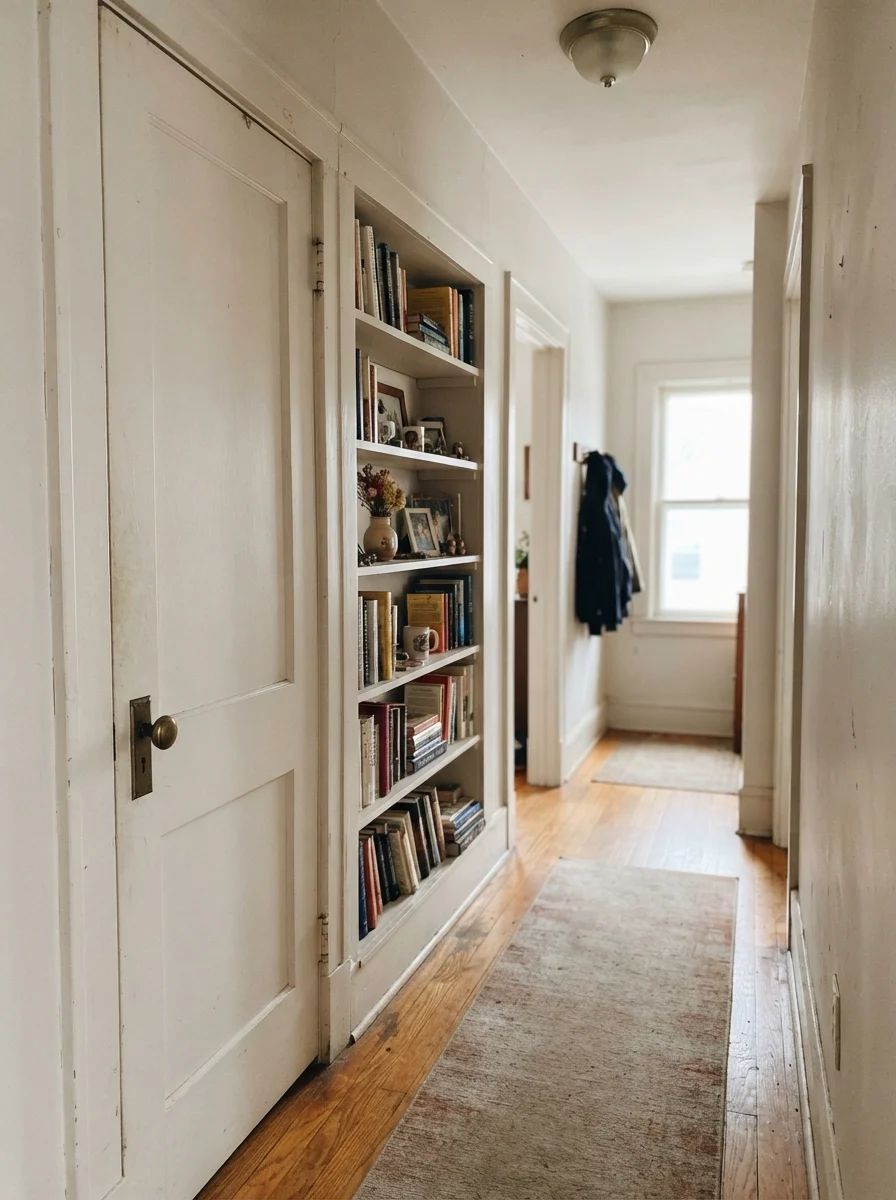 Two-panel door and built-in bookcase painted Shoji White in an older home hallway