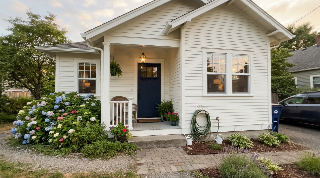 House exterior with horizontal siding painted Shoji White and navy front door