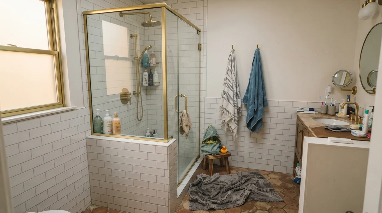 Family bathroom with Shoji White upper walls above white subway tile wainscoting and brass fixtures