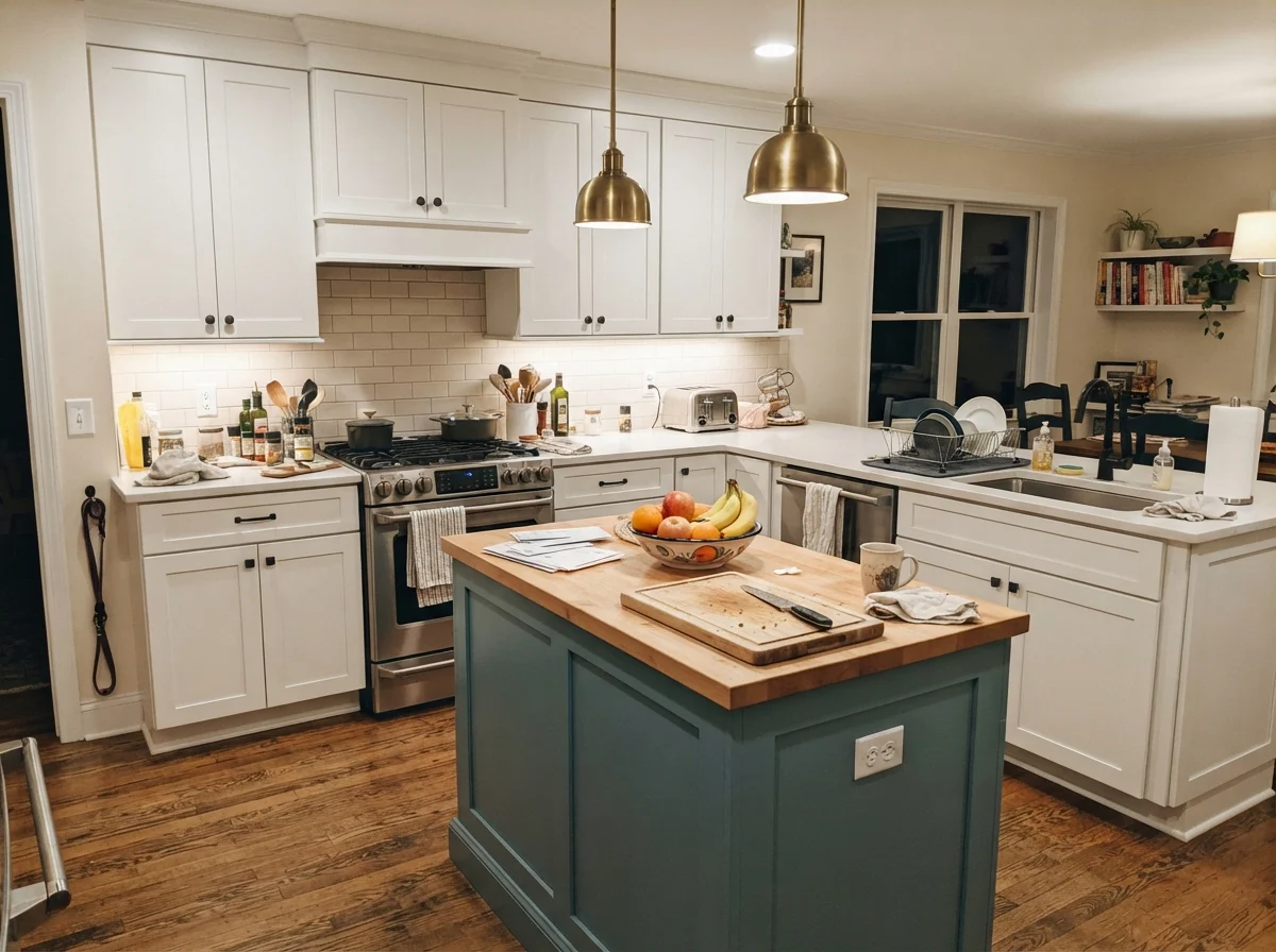 Family kitchen with island painted Shoji White surrounded by white cabinets