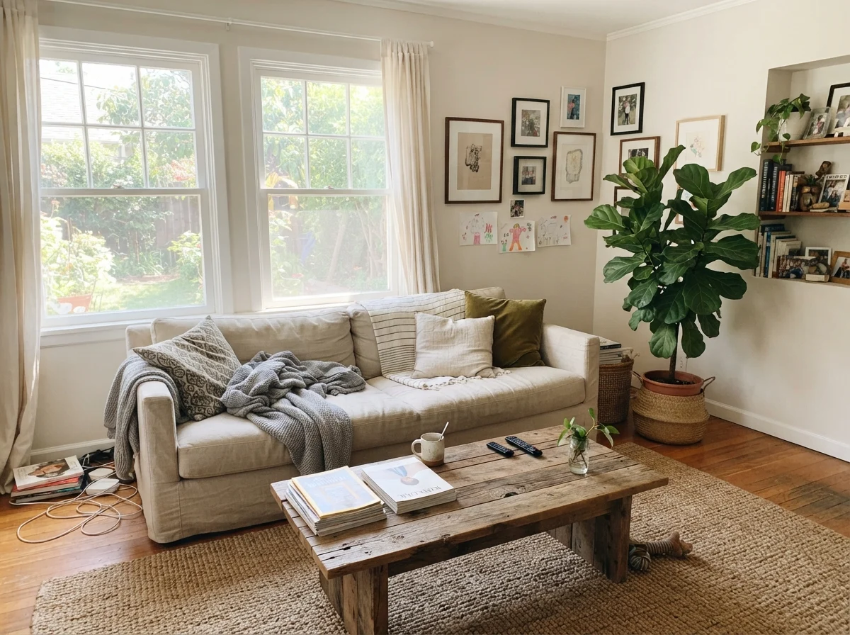 Sunlit living room with Shoji White walls, linen sofa, and jute rug