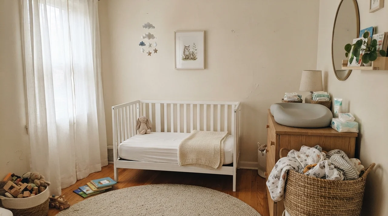 Nursery with painted walls, white crib, and light wood dresser changing table