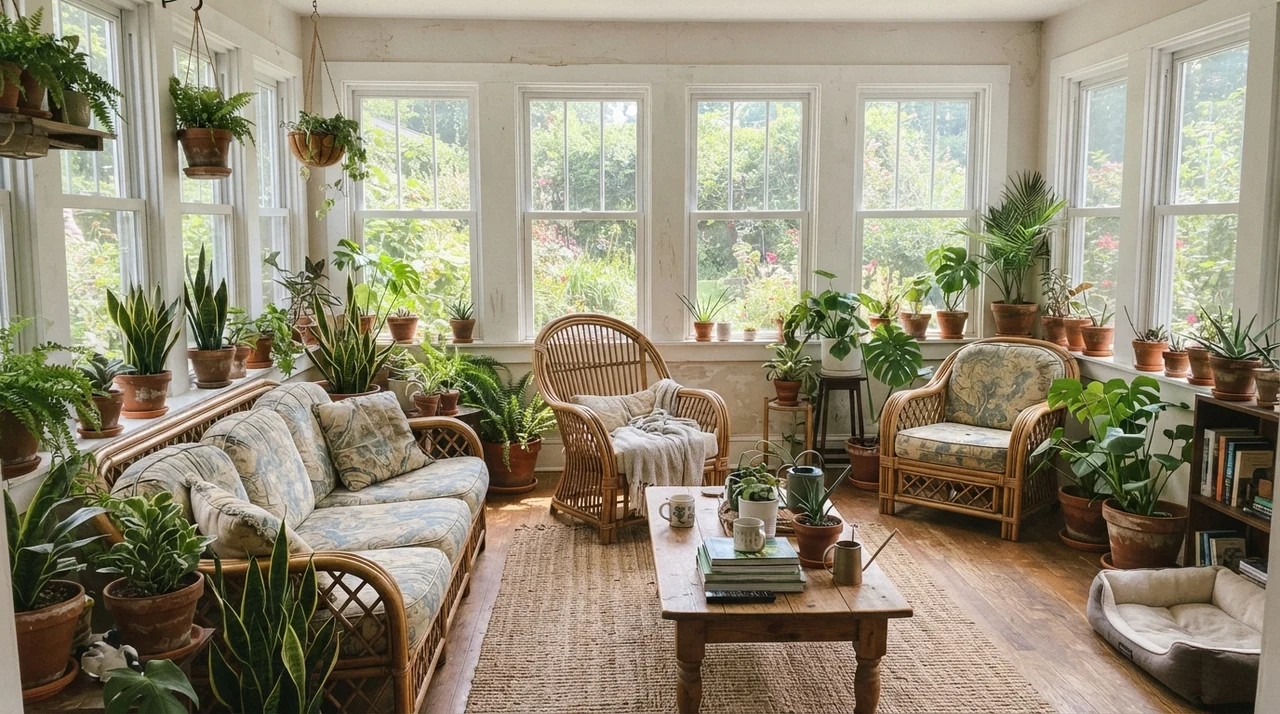 Sunroom with Shoji White walls, white framed windows, and rattan furniture