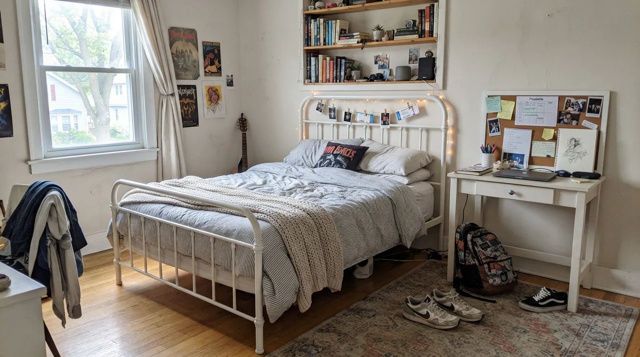Teenager bedroom with painted walls, white metal bed frame, and desk