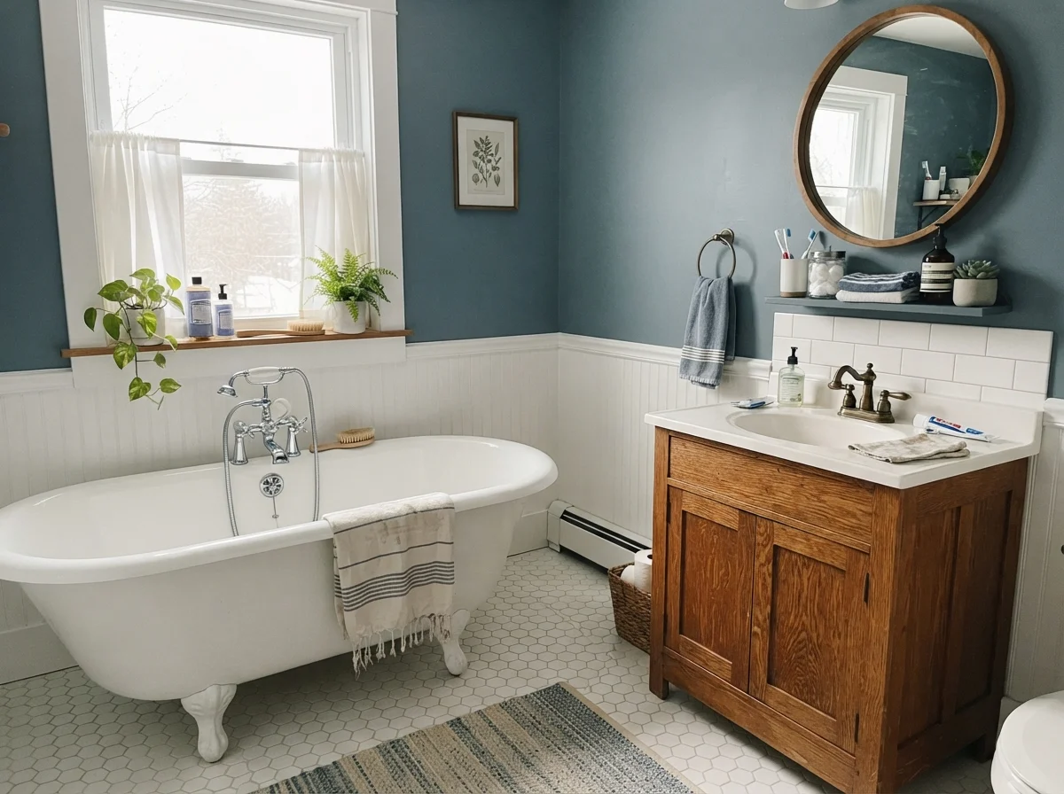 Cottage bathroom featuring white clawfoot tub, warm oak vanity, and Smoky Blue walls.