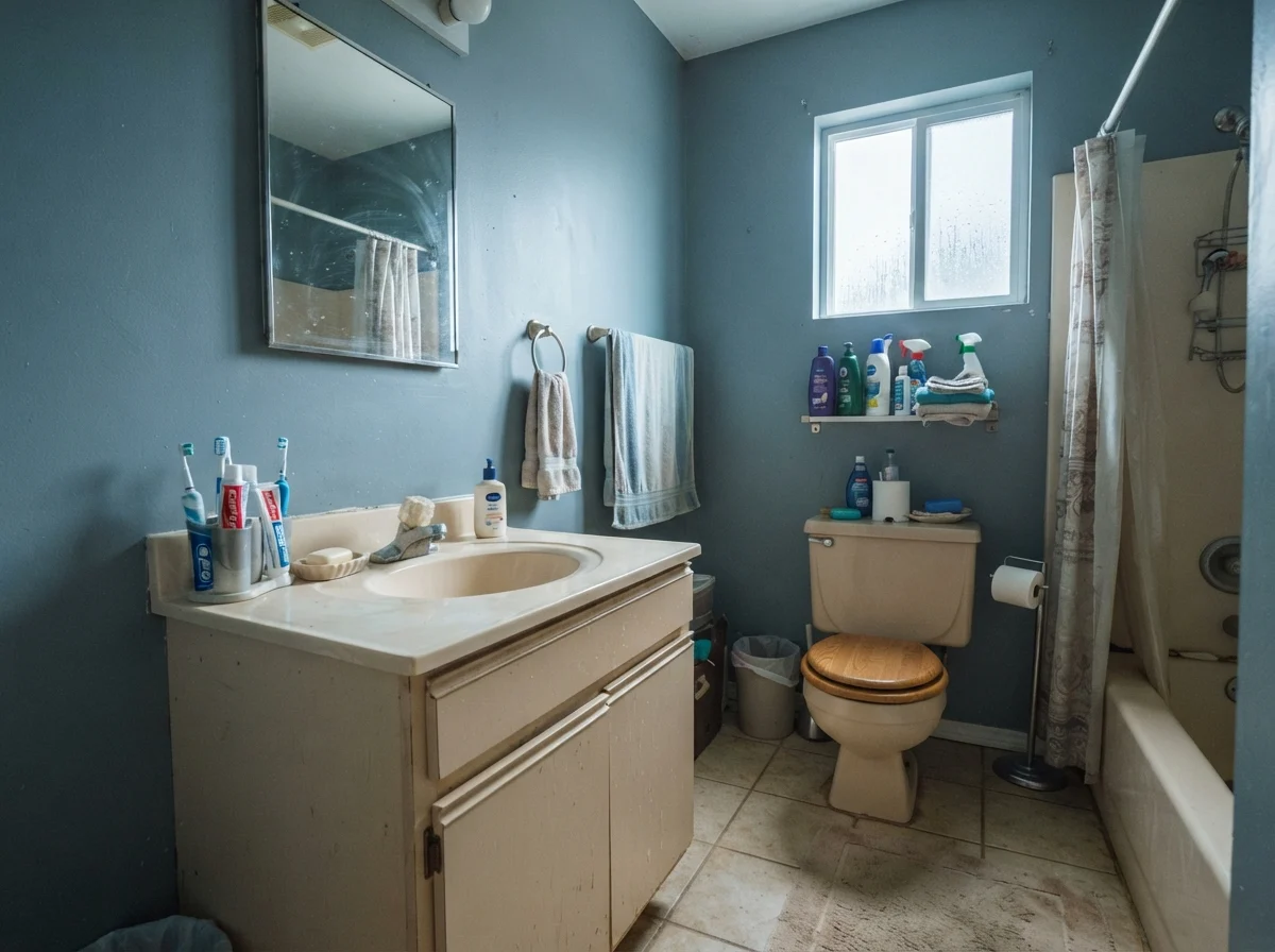 Dated bathroom showing Smoky Blue picking up a cool cast beside an older beige vanity.