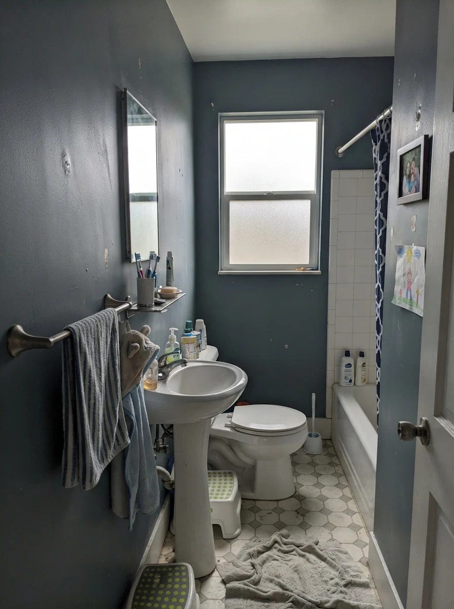 Small bathroom walls reading muted gray-blue in overcast window light.