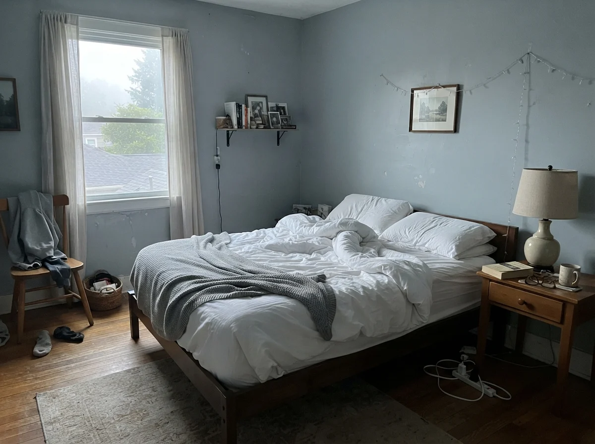 Bedroom with unmade white bedding and Smoky Blue walls appearing washed out in cool morning light.