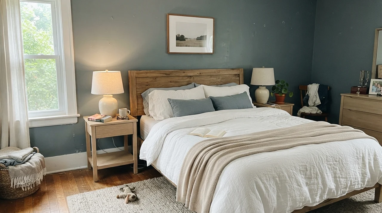 Main bedroom with Smoky Blue walls, pale oak furniture, and crisp white bedding.
