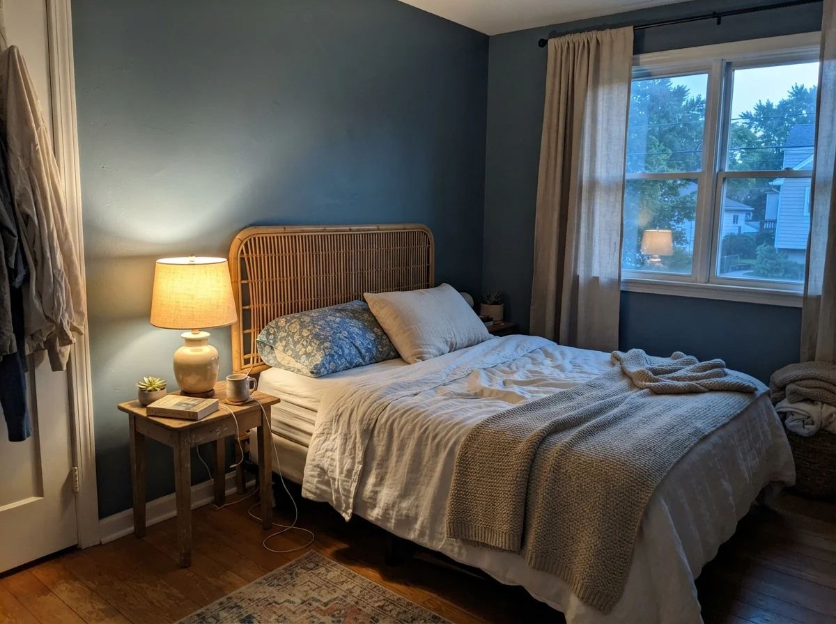Bedroom in warm lamp glow showing rich, moody Smoky Blue walls in evening light.